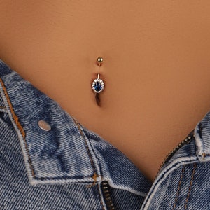 14K Solid Gold Sapphire & CZ Oval Belly Piercing - 925 Sterling Silver Piercing Jewelry - Navel Piercing Jewellery - Gold Belly Ring