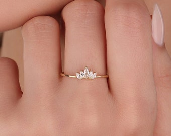 14k Solid Gold Marquise Crown Ring - Dainty Gold Wedding Band - Princess Ring - Anniversary Gold Ring - Stacking Ring - Engagement Ring