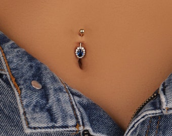 14K Solid Gold Sapphire & CZ Oval Belly Piercing - 925 Sterling Silver Piercing Jewelry - Navel Piercing Jewellery - Gold Belly Ring