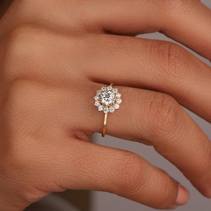 14k CZ Halo Gold Ring with Dainty Flower Design, Elegant Minimalist Statement Ring for Her, Gift Ready Promise or Anniversary Jewelry