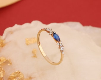 Dainty Marquise Cut Gold Ring with CZ Accents – Minimalist Stackable Band for Her, Sapphire Aquamarine or Clear Gem, Elegant Promise Jewelry