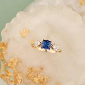 Dainty Sapphire Engagement Ring in 14k Solid, Gold Vermeil – Art Deco Thin Real Gold Ring, Fine Jewelry Promise Ring Gift for Her Daily Wear