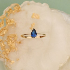 Sapphire Pear Engagement Ring in 14k Solid, Gold Vermeil, September Birthstone Dainty Thin Real Gold Ring, Promise Gift for Her Fine Jewelry
