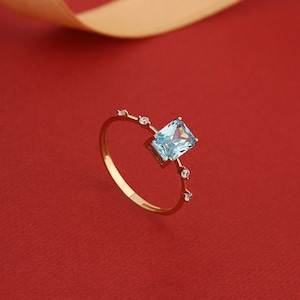 14k Solid Gold Aquamarine Emerald Cut Ring - Dainty Gold Ring - Anniversary Gold Ring - Stacking Ring - Engagement Ring - Promise Ring