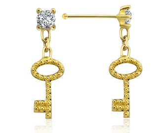 14K Solid Gold CZ Dangle Key Nose Stud  -  Nose Piercing  - Nostril Jewelry - Gold Nose Stud - Bone / Straight / L Shape / Screw