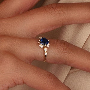 Princess Cut Sapphire Blue Gold Ring – Royal CZ Accent Engagement Ring, September Birthstone Jewelry, Dainty Gift for Her, Elegant Statement