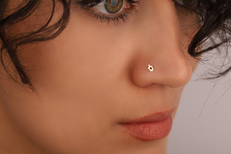 14K Solid Gold Turtle Nose Stud Nose Piercing Nostril Jewelry Gold Nose Stud Nose Jewelry Bone / Straight / L Shape / Screw image 2