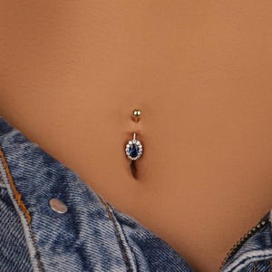 14K Solid Gold Sapphire & CZ Oval Belly Piercing - 925 Sterling Silver Piercing Jewelry - Navel Piercing Jewellery - Gold Belly Ring