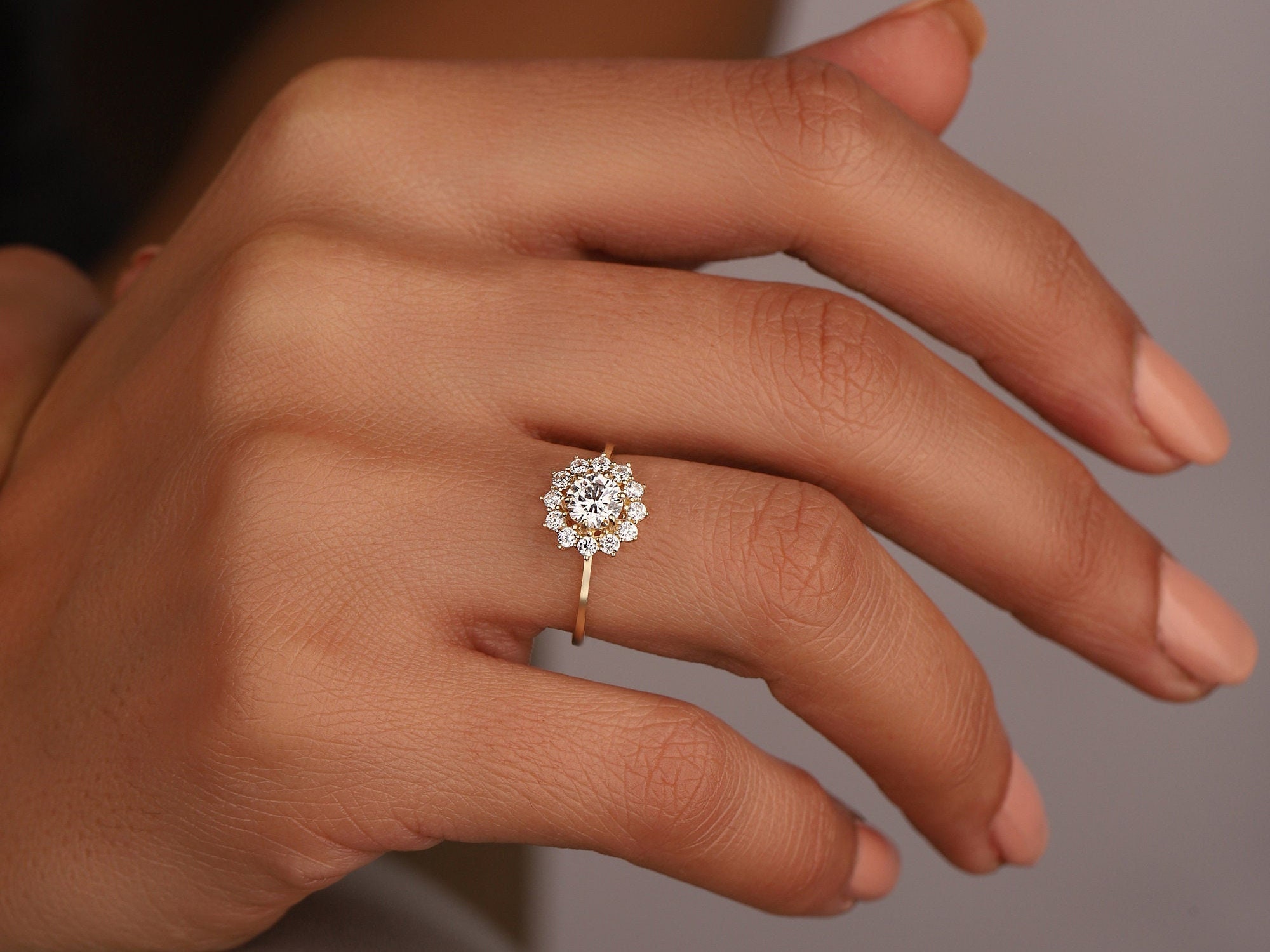 Flower Halo Engagement Ring - Sterling Silver, Custom Gemstone, US Size 4-12, Diamond CZ Center - View #7
