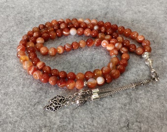 REAL Red Agate Aqeeq, Islamic Prayer Beads, Natural Stone, 99 Beads, Misbaha, Tasbeeh, Sibha, Worry Beads, Tasbih 99, Tasbih Customized 8mm