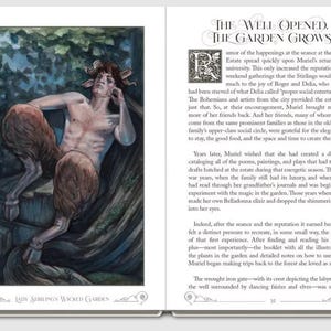 May include: An open book with a watercolor illustration of a satyr with brown fur and horns, resting on a stone structure. The text on the right page reads "THE WELL OPENED, THE GARDEN GROWS."