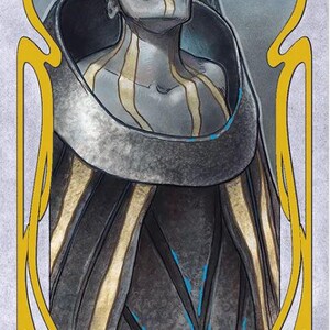 May include: Illustration of a figure with a skull mask, adorned with gold and blue accents, within a yellow Art Nouveau frame. The figure is dressed in a dark cloak with gold stripes. Text at the bottom reads "DEATH'S-HEAD MOTH" and "ACHERONTIA ATROPOS."