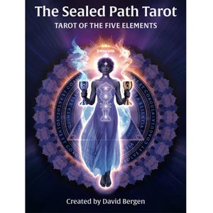 May include: A tarot card deck titled "The Sealed Path Tarot: Tarot of the Five Elements." The image features a central figure in a flowing purple gown holding chalices, surrounded by a circular design with text. The artist is David Bergen.