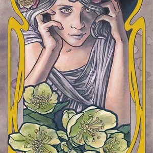 May include: Illustration of a woman with a floral crown and a draped garment, framed by Art Nouveau-style lines. The image features green and purple flowers, with the text "HELLEBORE" and "HELLEBORUS ODORUS" at the bottom.