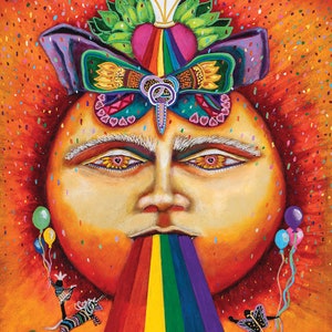 May include: A colorful illustration for a tarot deck titled "Pride Tarot: A Collaborative Deck." The artwork features a sun-like face with a rainbow emanating from its mouth. The image is vibrant with confetti and decorative elements.