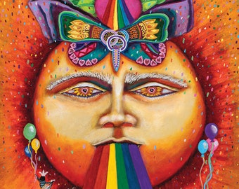 May include: A colorful illustration for a tarot deck titled "Pride Tarot: A Collaborative Deck." The artwork features a sun-like face with a rainbow emanating from its mouth. The image is vibrant with confetti and decorative elements.