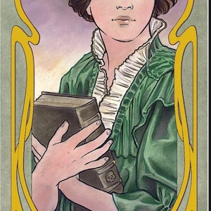 May include: Illustration of Lady Stirling holding a book, framed in a yellow art nouveau style. She wears a green dress with a white ruffled collar and a green headband. The text "Lady Stirling" and "Muriel Stirling" are at the bottom.