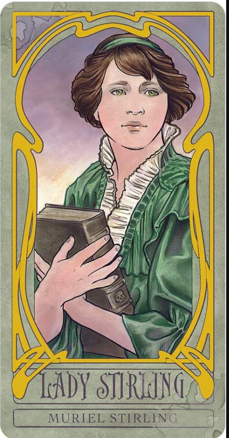 May include: Illustration of Lady Stirling holding a book, framed in a yellow art nouveau style. She wears a green dress with a white ruffled collar and a green headband. The text "Lady Stirling" and "Muriel Stirling" are at the bottom.