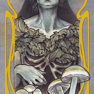 May include: Illustration of a skeletal figure adorned with leaves, framed in a yellow Art Nouveau style. The image features mushrooms and the text "DEATH CAP" and "AMANITA PHALLOIDES". The color palette includes gray, green, and yellow.