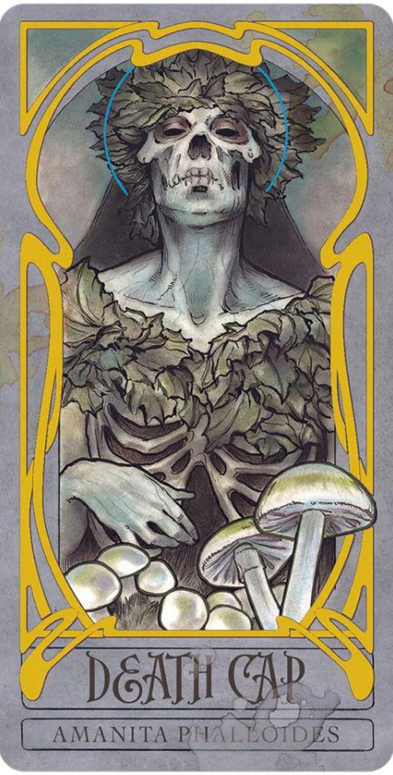 May include: Illustration of a skeletal figure adorned with leaves, framed in a yellow Art Nouveau style. The image features mushrooms and the text "DEATH CAP" and "AMANITA PHALLOIDES". The color palette includes gray, green, and yellow.