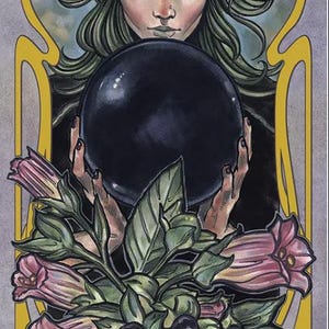 May include: A tarot card illustration featuring a woman with green hair holding a black orb. The card is framed with Art Nouveau-style gold lines and includes the word "BELLADONNA" and "ATROPA BELLADONNA" at the bottom. Pink and green floral elements are at the bottom.