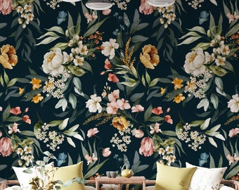 Navy Blue Wallpaper, Floral Peel and Stick Wallpaper, Watercolor Wallpaper, Retro Wallpaper, Flower Wallpaper, Floral Mural, Boho Mural