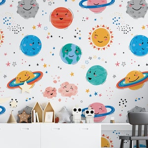 Fun Planets Wallpaper, Colorful Nursery Wallpaper, Peel and Stick Wallpaper Kids, Nursery Wallpaper, Fun Wallpaper, Watercolor Wallpaper