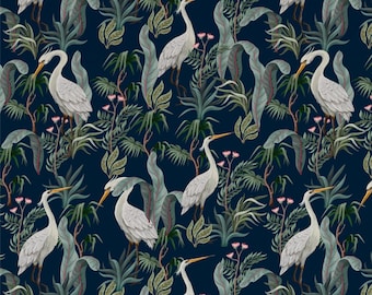 Chinoiserie Vintage Crane Wallpaper, Black Green Wallpaper, Heron Wallpaper, Bird Wallpaper, Asian Wall Art, Peel and Stick Wallpaper