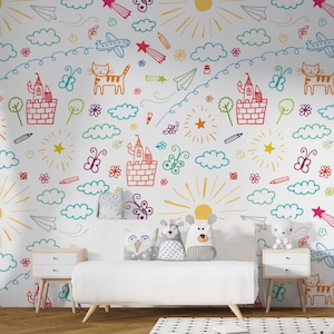 Colorful Doodle Wallpaper: Kids Nursery Peel and Stick Mural