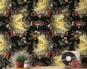 Moon & Mushroom Wallpaper: Dark Vintage Forest Peel and Stick