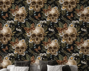 Dark Skull Wallpaper: Vintage Butterfly Floral Mural, Peel and Stick