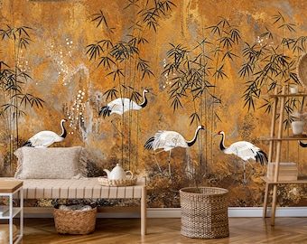 Kranich und Bambuswald Tapete: Asiatisches Chinoiserie Schälen und Kleben Wandbild