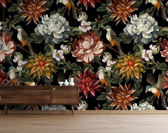 70s Wallpaper, Dark Wallpaper, Floral Wallpaper, Scandinavian Wallpaper, Temporary Wallpaper, Peel and Stick Wallpaper, Wall Paper