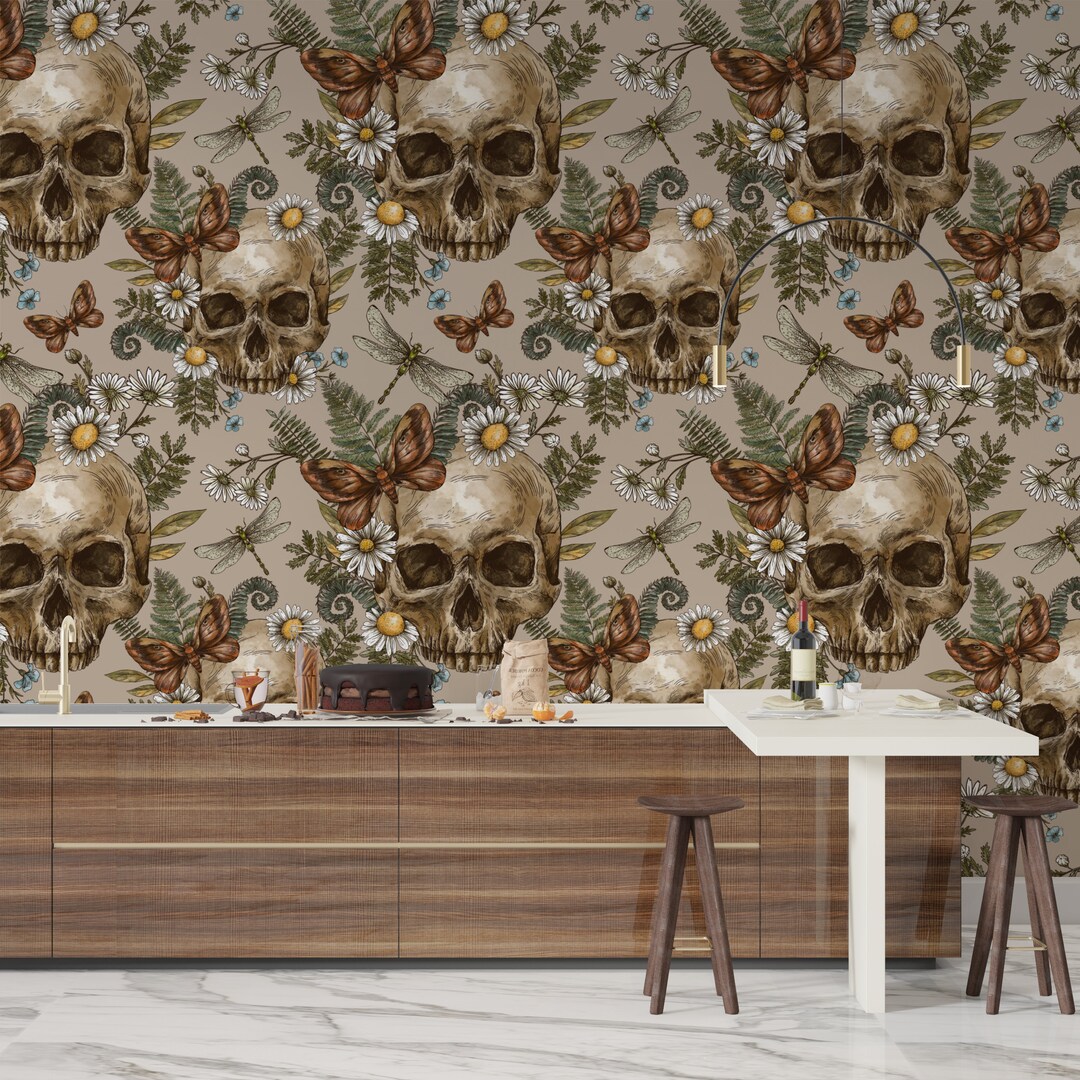 Fern Wallpaper Skull Wallpaper Floral Wallpaper Vintage - Etsy