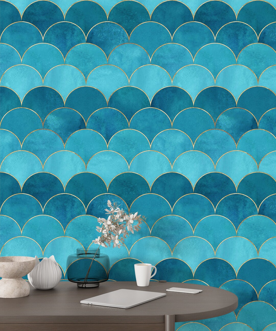 Blue and Gold Wallpaper, Wave Wallpaper, Art Deco Wallpaper, Peel and