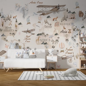 World Map Kids, Animals World Map, Hot Air Balloon Wallpaper, Airplane Wallpaper, Peel and Stick Wallpaper Kids, Removable Wallpaper