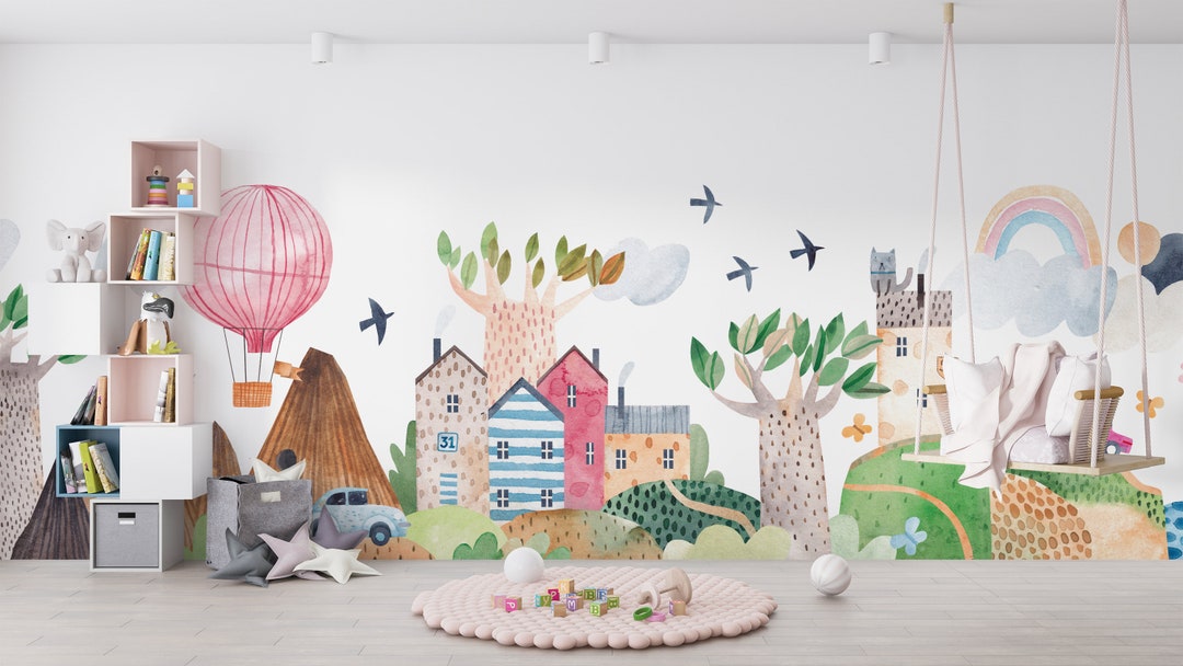 Hot Air Balloon Wallpaper Kids Room Wallpaper Watercolor - Etsy