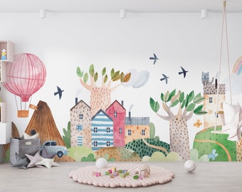 Hot Air Balloon Wallpaper, Kids Room Wallpaper, Watercolor Wallpaper, Mountain Wallpaper, Fun Wallpaper, Landscape Wallpaper