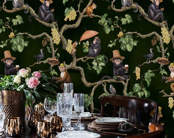 Whimsical Monkey Jungle Wallpaper, Funny Tropical Peel and Stick Wall Mural, Removable Dark Green Animal Wallpaper, Dark Green Monkey Mural