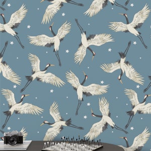 Stars and Crane Bird Wallpaper, Chinoiserie Wallpaper Peel and Stick, Heron Wallpaper, Asian Wallpaper, Japanese Wallpaper, Asian Wall Art