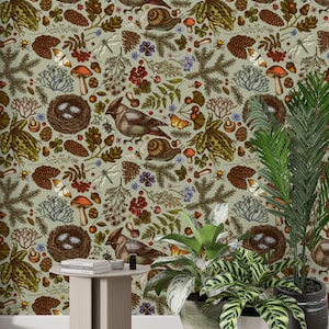 Mushroom Wallpaper Peel and Stick, Bird Wallpaper, Woodland Wallpaper, Mysterious Forest Wallpaper, Self Adhesive Wallpaper, Vinyl Wallpaper