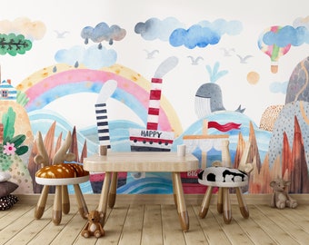Landscape Wallpaper, Watercolor Wallpaper, Removable Wallpaper Kids, Landscape Wall Mural, Sea Wallpaper, Mountain Wallpaper