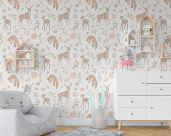 Watercolor Wallpaper | Woodland Wallpaper | Wild Forest Wallpaper | Playroom Wallpaper | Removable Wallpaper Kids | Animal Print Wallpaper