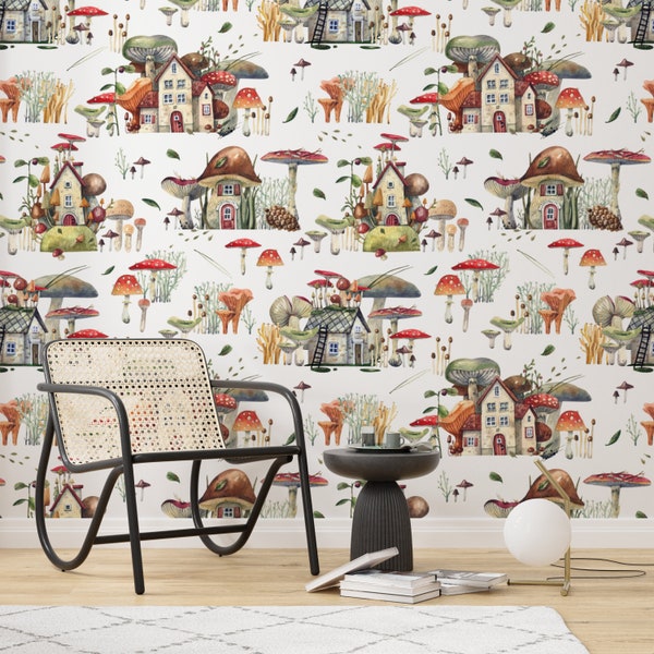 Landhaus Tapete, Herbst Pilz Tapete, Aquarell Tapete, Wald Tapete, Vlies oder Peel and Stick Wallpaper Vintage