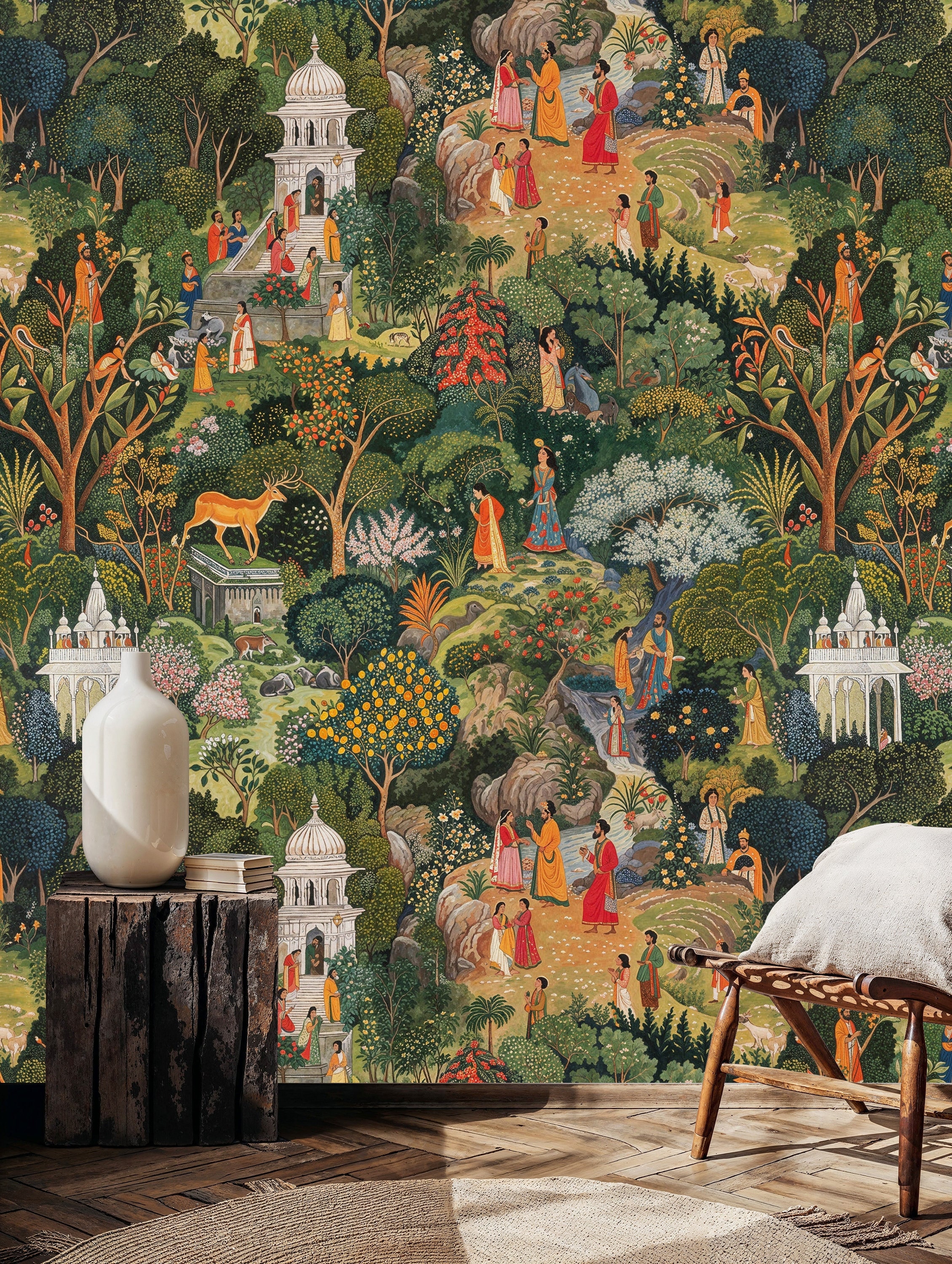 Lush Jaipur Garden Wallpaper Mural, Vibrant Green Peel and Stick Wallpaper, Indian Wallpaper, Highly Detailed Wallpaper For a Vintage Look