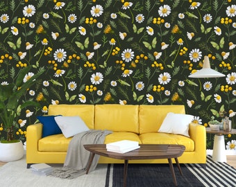 Botanical Wallpaper, Flower Wallpaper, Unique Wallpaper, Green Leaves Wallpaper, Butterfly Wallpaper, Wall Mural Wallpaper