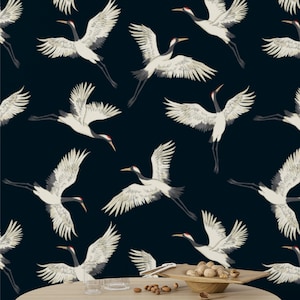 Chinoiserie Wallpaper Peel and Stick, Heron Wallpaper, Japanese Wallpaper, Crane Bird Wallpaper, Asian Wall Art, Black Wallpaper