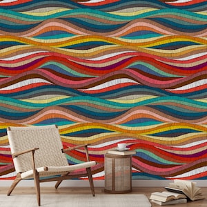 Boho Wallpaper, Colorful Waves Wallpaper, Removable Wallpaper,Art Deco Wallpaper, Peel and Stick,Removable Wallpaper