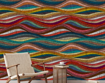 Boho Wallpaper, Colorful Waves Wallpaper, Removable Wallpaper,Art Deco Wallpaper, Peel and Stick,Removable Wallpaper