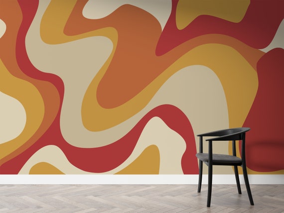 70s Abstract Wallpaper: Retro Orange Swirls, Non-Woven or Peel & Stick